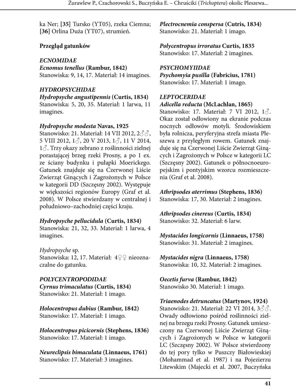 Materiał: 1 larwa, 11 Hydropsyche modesta Navas, 1925 Stanowisko: 21. Materiał: 14 VII 2012, 2, 5 VIII 2012, 1, 20 V 2013, 1, 11 V 2014, 1.