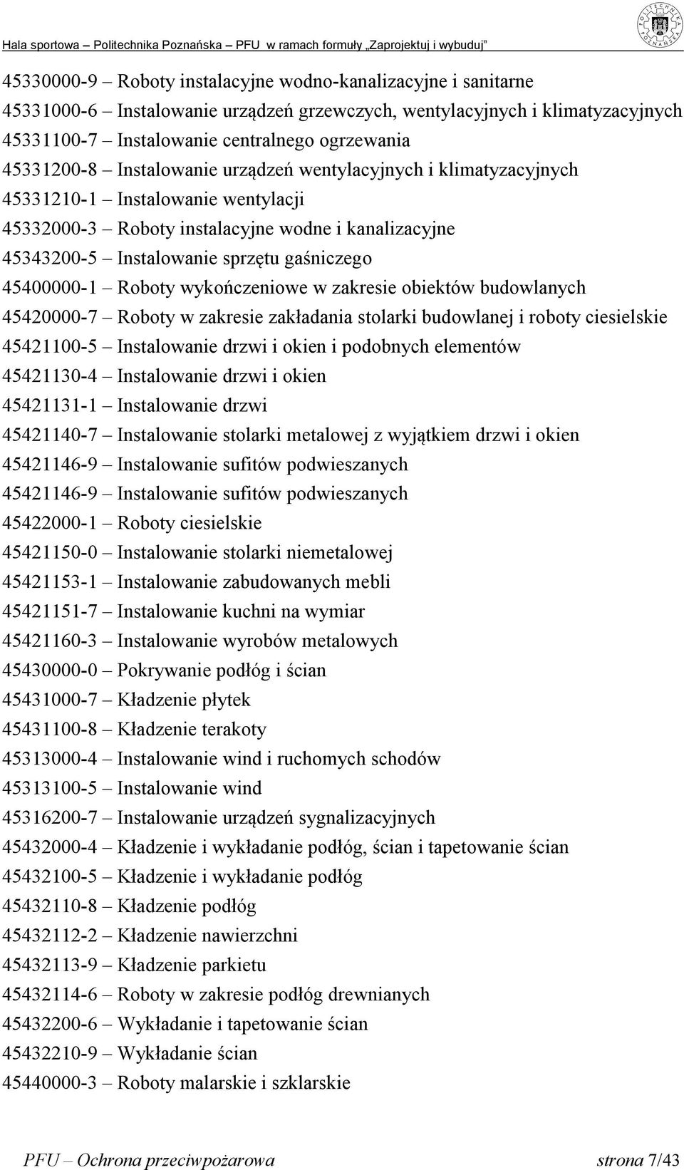 Roboty wykończeniowe w zakresie obiektów budowlanych 45420000-7 Roboty w zakresie zakładania stolarki budowlanej i roboty ciesielskie 45421100-5 Instalowanie drzwi i okien i podobnych elementów