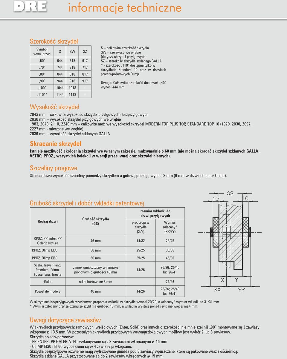 szerokość skrzydła szklanego GALLA * - szerokość 110 dostępna tylko w skrzydłach Standard 10 oraz w drzwiach przeciwpożarowych Olimp.