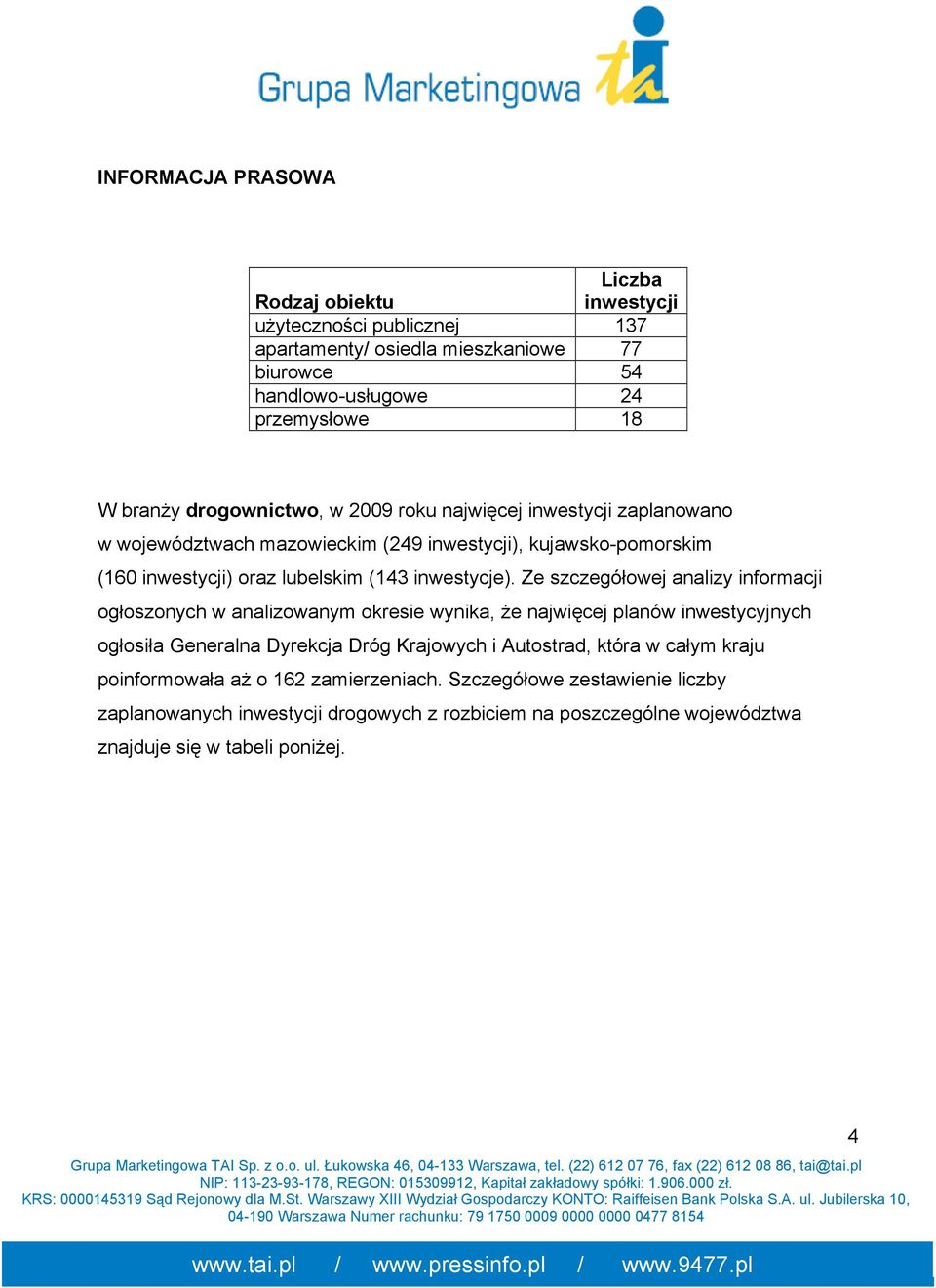 Ze szczegółowej analizy informacji ogłoszonych w analizowanym okresie wynika, Ŝe najwięcej planów inwestycyjnych ogłosiła Generalna Dyrekcja Dróg Krajowych i Autostrad,