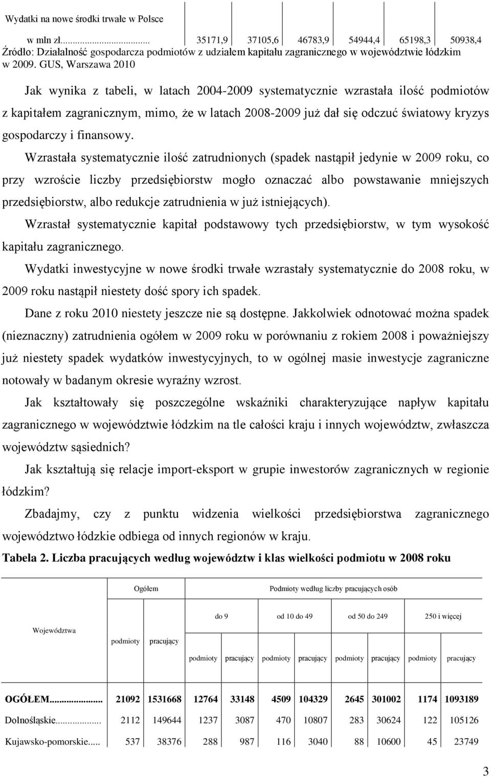 GUS, Warszawa 2010 Jak wynika z tabeli, w latach 2004-2009 systematycznie wzrastała ilość podmiotów z kapitałem zagranicznym, mimo, że w latach 2008-2009 już dał się odczuć światowy kryzys