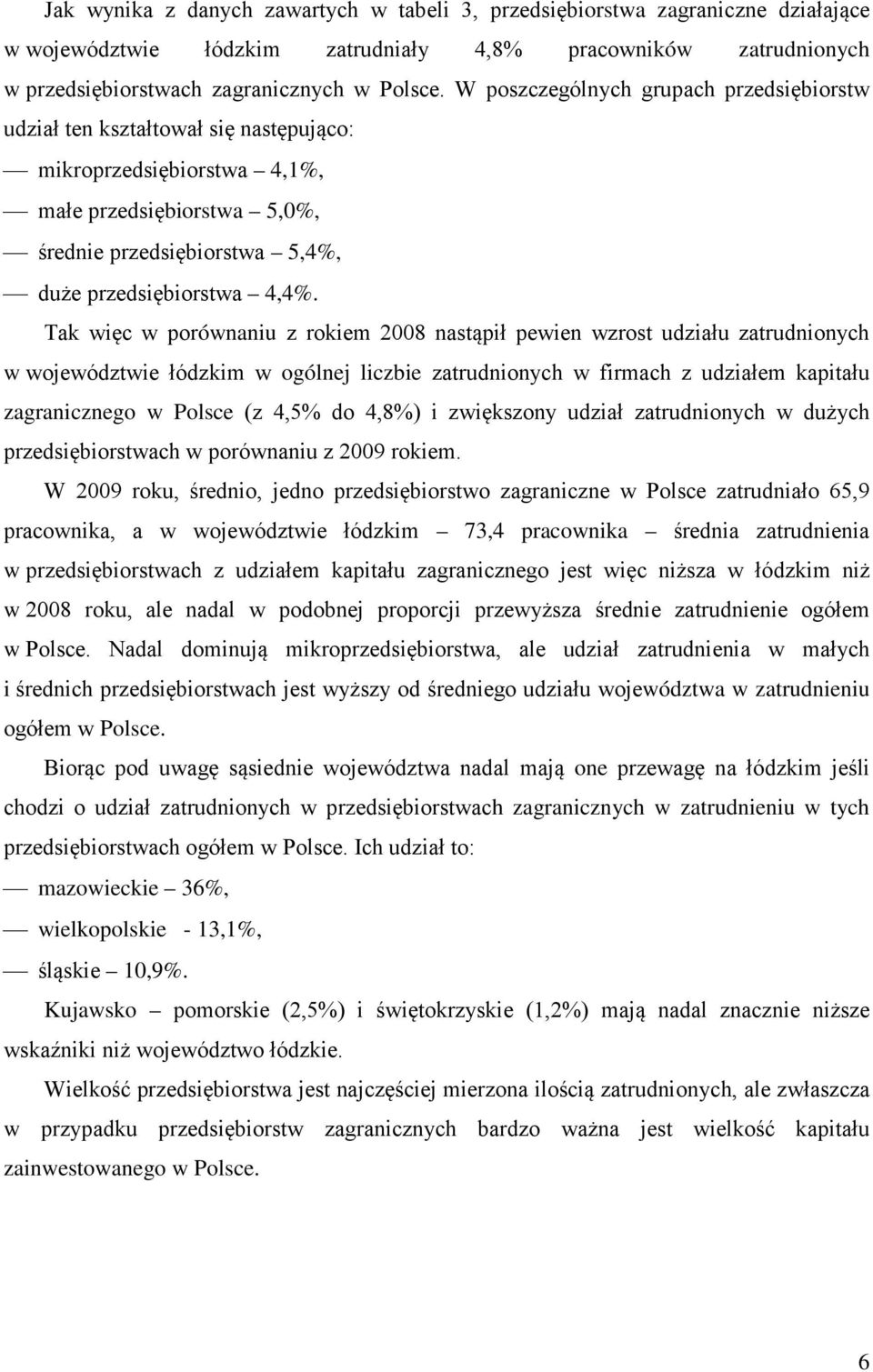 Tak więc w porównaniu z rokiem 2008 nastąpił pewien wzrost udziału zatrudnionych w województwie łódzkim w ogólnej liczbie zatrudnionych w firmach z udziałem kapitału zagranicznego w Polsce (z 4,5% do