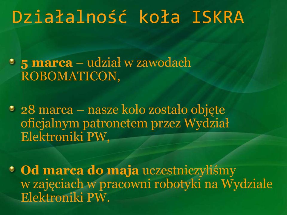 patronetem przez Wydział Elektroniki PW, Od marca do maja