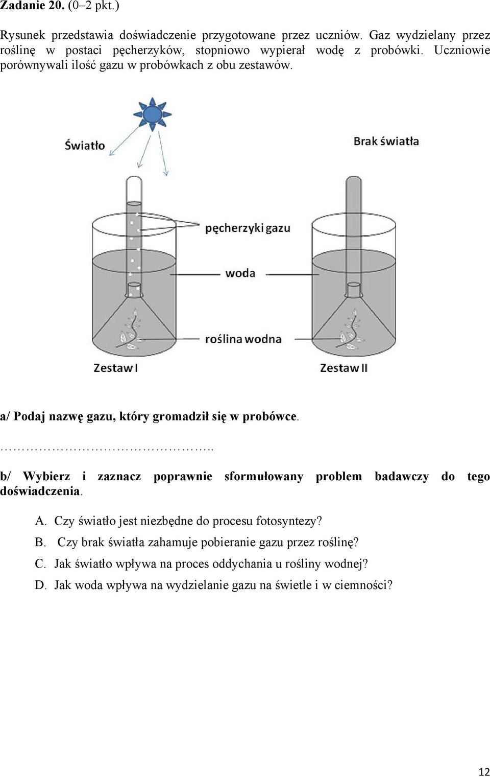 a/ Podaj nazwę gazu, który gromadził się w probówce... b/ Wybierz i zaznacz poprawnie sformułowany problem badawczy do tego doświadczenia. A.