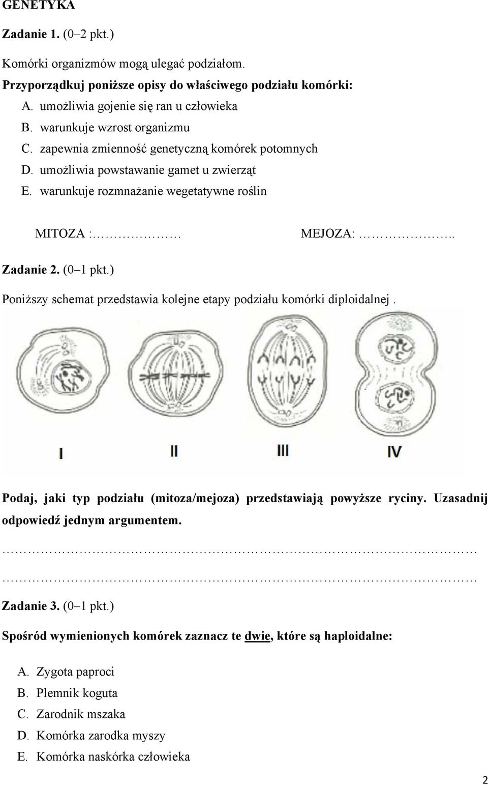 (0 1 pkt.) Poniższy schemat przedstawia kolejne etapy podziału komórki diploidalnej. Podaj, jaki typ podziału (mitoza/mejoza) przedstawiają powyższe ryciny.