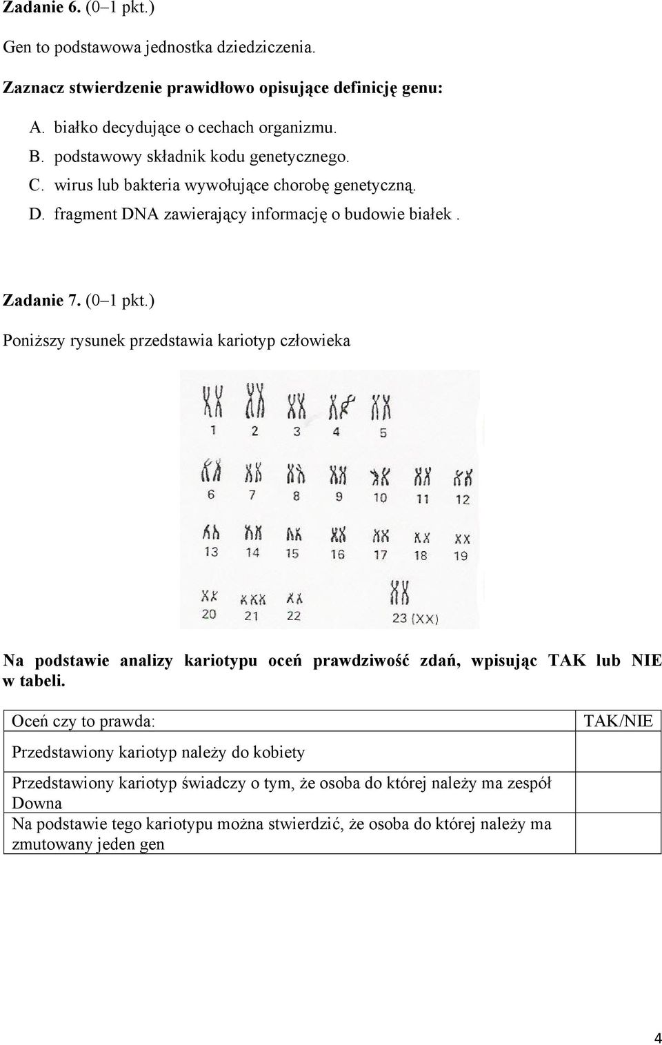 ) Poniższy rysunek przedstawia kariotyp człowieka Na podstawie analizy kariotypu oceń prawdziwość zdań, wpisując TAK lub NIE w tabeli.