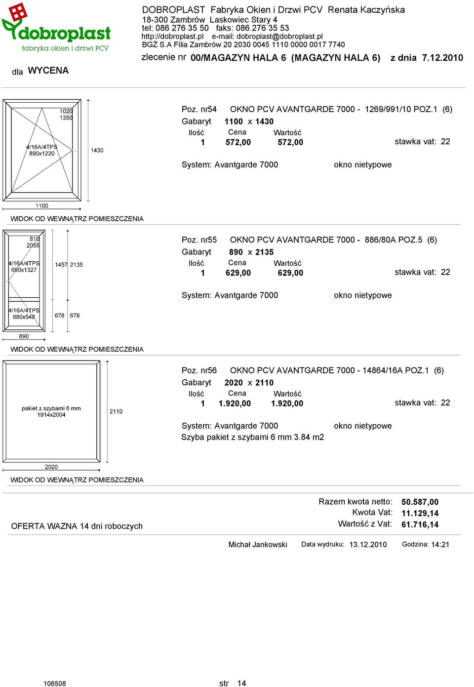 nr56 OKNO PCV AVANTGARDE 7000-14864/16A POZ.1 (6) Gabaryt 2020 x 2110 1 1.920,00 1.920,00 Szyba pakiet z szybami 6 mm 3.