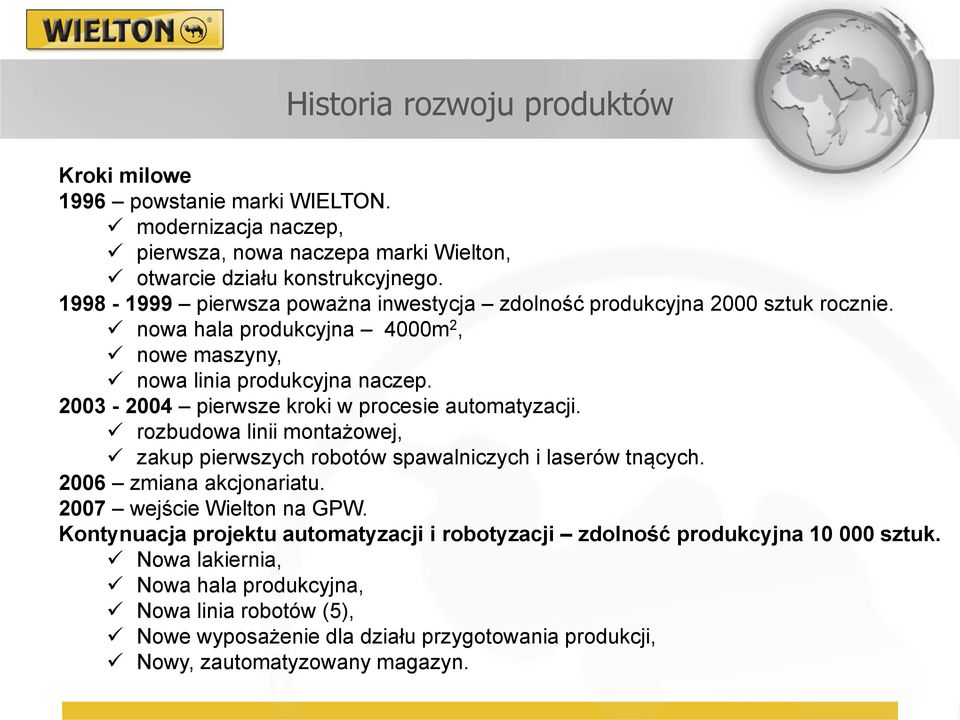 2003-2004 pierwsze kroki w procesie automatyzacji. rozbudowa linii montażowej, zakup pierwszych robotów spawalniczych i laserów tnących. 2006 zmiana akcjonariatu.