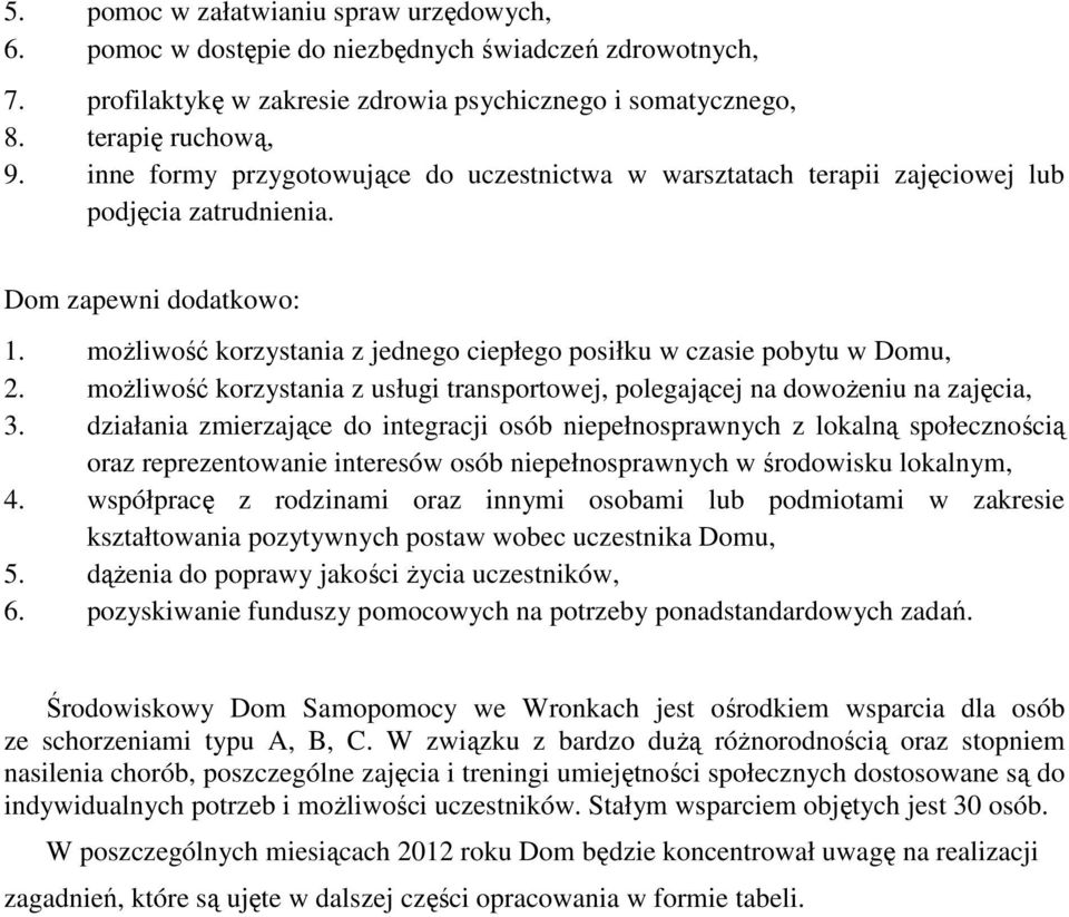 możliwość korzystania z jednego ciepłego posiłku w czasie pobytu w Domu, 2. możliwość korzystania z usługi transportowej, polegającej na dowożeniu na zajęcia, 3.