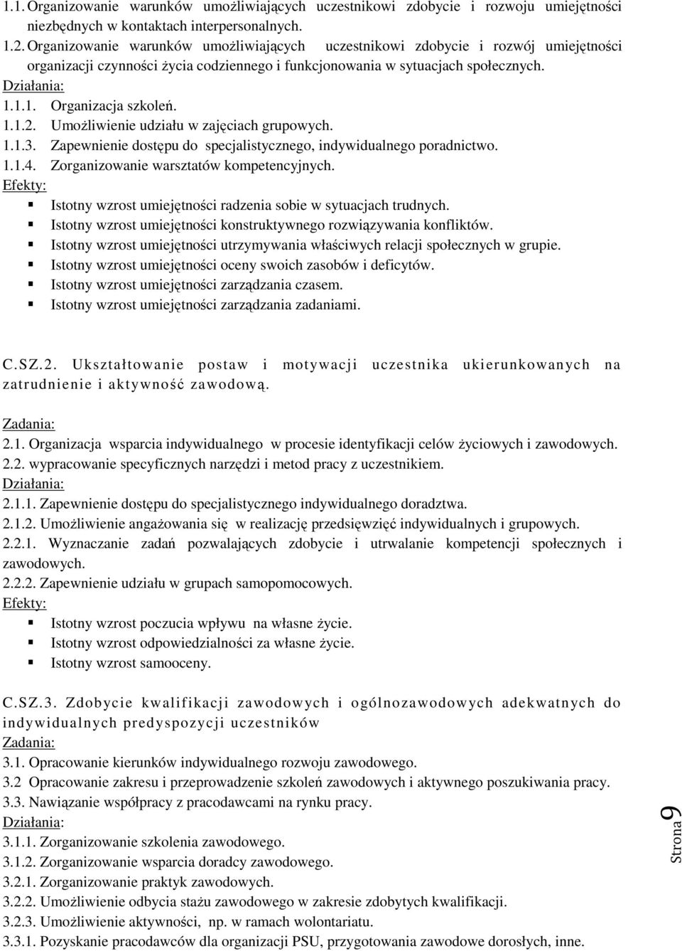 1.1.2. Umożliwienie udziału w zajęciach grupowych. 1.1.3. Zapewnienie dostępu do specjalistycznego, indywidualnego poradnictwo. 1.1.4. Zorganizowanie warsztatów kompetencyjnych.