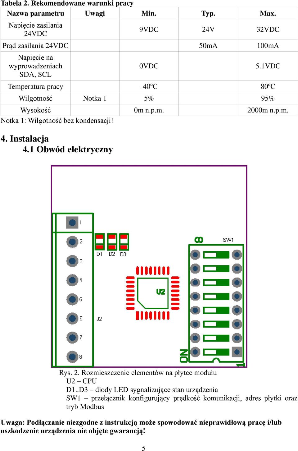 1VDC Temperatura pracy -40ºC 80ºC Wilgotność Notka 1 5% 95% Wysokość 0m n.p.m. 2000m n.p.m. Notka 1: Wilgotność bez kondensacji! 4. Instalacja 4.