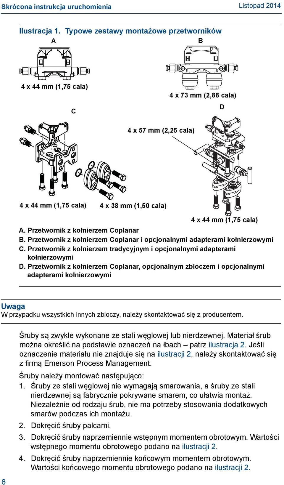 Przetwornik z kołnierzem Coplanar B. Przetwornik z kołnierzem Coplanar i opcjonalnymi adapterami kołnierzowymi C. Przetwornik z kołnierzem tradycyjnym i opcjonalnymi adapterami kołnierzowymi D.