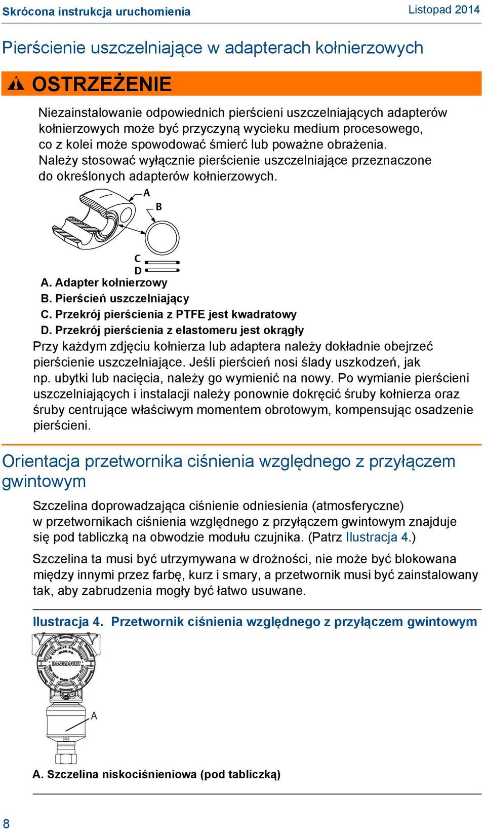 A B C D A. Adapter kołnierzowy B. Pierścień uszczelniający C. Przekrój pierścienia z PTFE jest kwadratowy D.