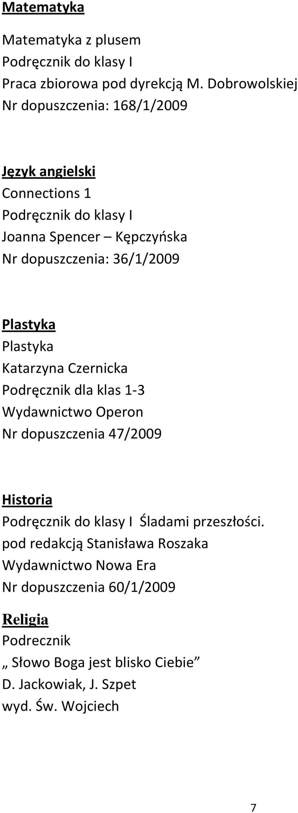 dopuszczenia: 36/1/2009 Plastyka Plastyka Katarzyna Czernicka Podręcznik dla klas 1-3 Wydawnictwo Operon Nr dopuszczenia 47/2009