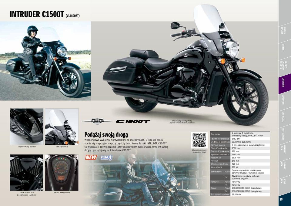 Błyszczący czarny (YVB) Zdjęcie: SUZUKI INTRUDER C1500T Więcej informacji znajdziesz tutaj 4-suwowy, 2-cylindrowy, chłodzony cieczą, SOHC, 54 o V-Twin Pojemność skokowa 1462 cm 3 Średnica x skok