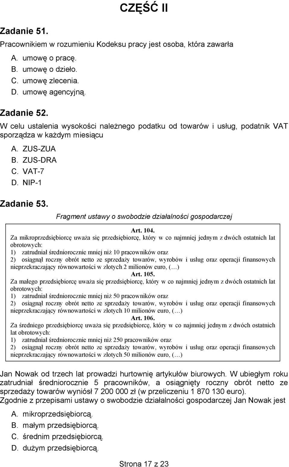 Fragment ustawy o swobodzie działalności gospodarczej Art. 104.