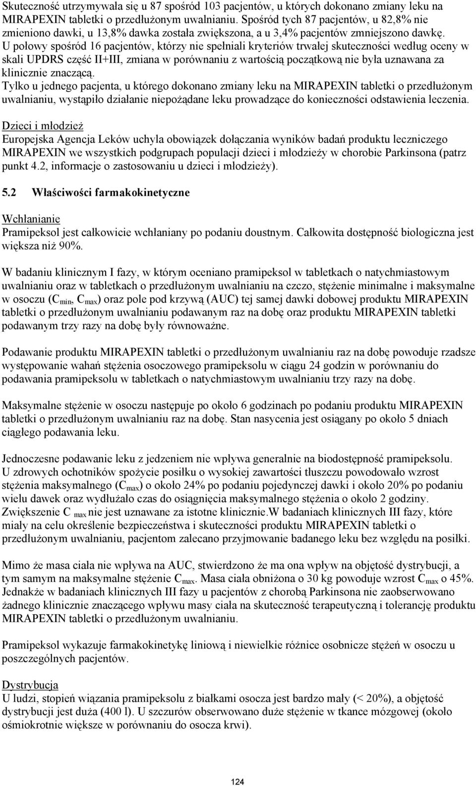 U połowy spośród 16 pacjentów, którzy nie spełniali kryteriów trwałej skuteczności według oceny w skali UPDRS część II+III, zmiana w porównaniu z wartością początkową nie była uznawana za klinicznie