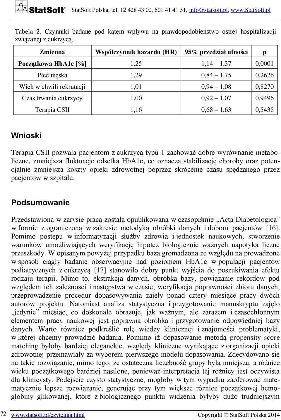 cukrzycy 1,00 0,92 1,07 0,9496 Terapia CSII 1,16 0,68 1,63 0,5438 Wnioski Terapia CSII pozwala pacjentom z cukrzycą typu 1 zachować dobre wyrównanie metaboliczne, zmniejsza fluktuacje odsetka HbA1c,