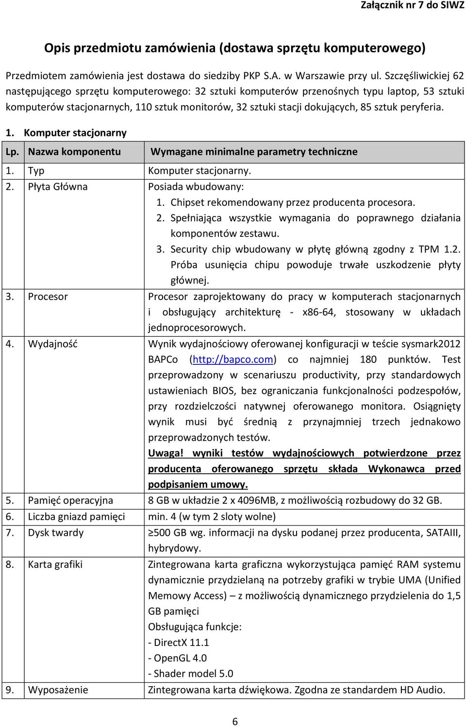 peryferia. 1. Komputer stacjonarny Lp. Nazwa komponentu 1. Typ Komputer stacjonarny. Wymagane minimalne parametry techniczne 2. Płyta Główna Posiada wbudowany: 1.