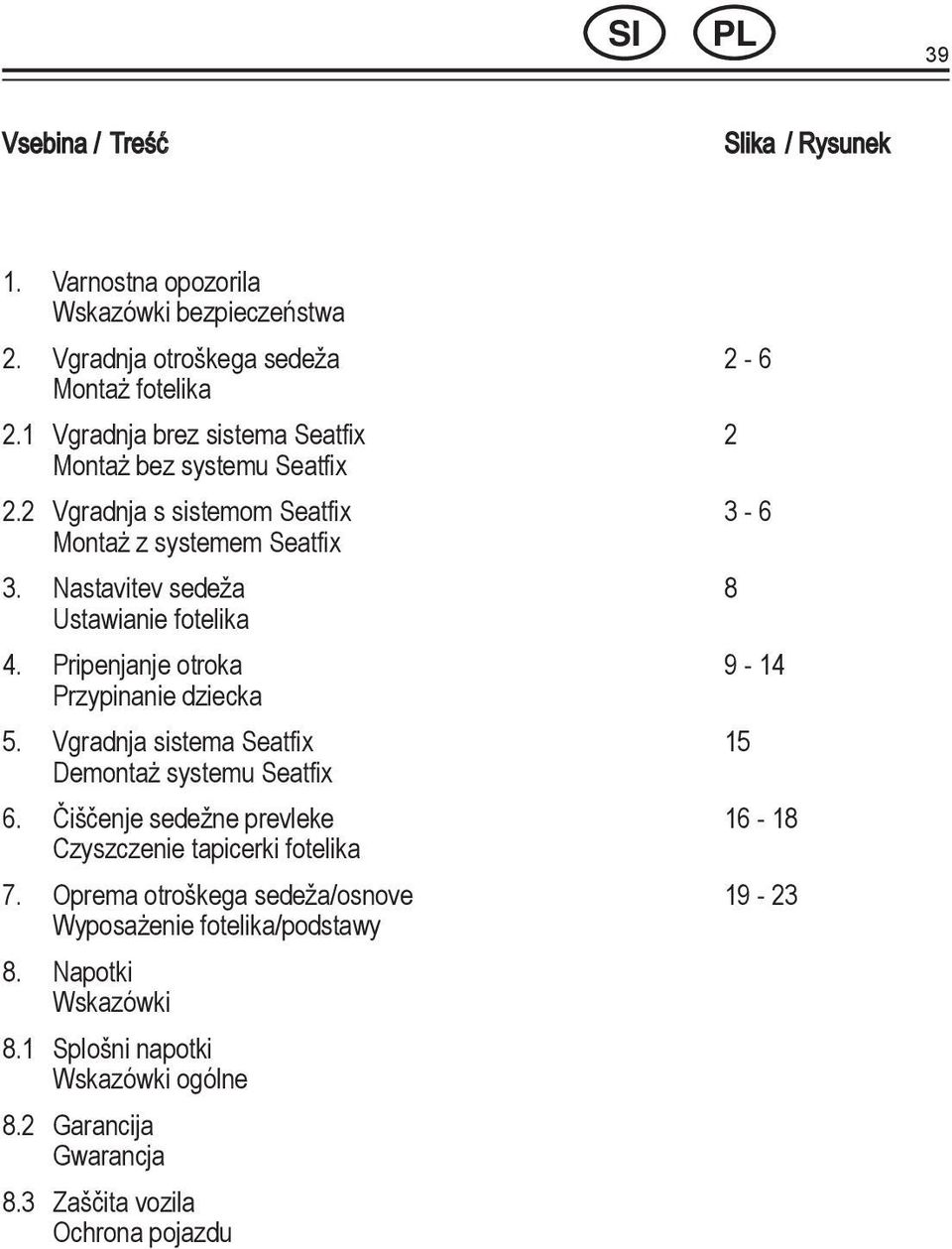 Nastavitev sedeža 8 Ustawianie fotelika 4. Pripenjanje otroka 9-14 Przypinanie dziecka 5. Vgradnja sistema Seatfix 15 Demontaż systemu Seatfix 6.