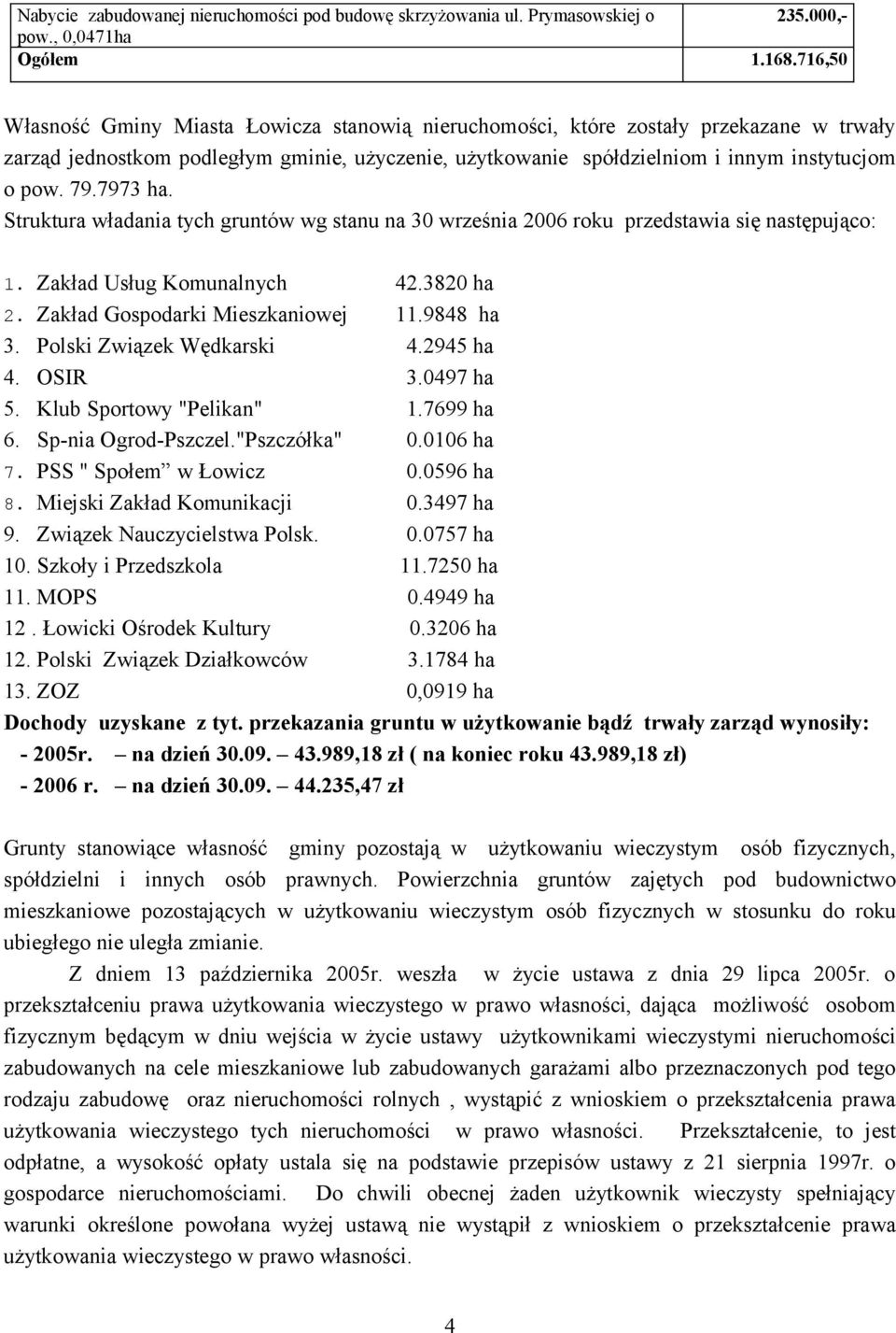 7973 ha. Struktura władania tych gruntów wg stanu na 30 września 2006 roku przedstawia się następująco: 1. Zakład Usług Komunalnych 42.3820 ha 2. Zakład Gospodarki Mieszkaniowej 11.9848 ha 3.