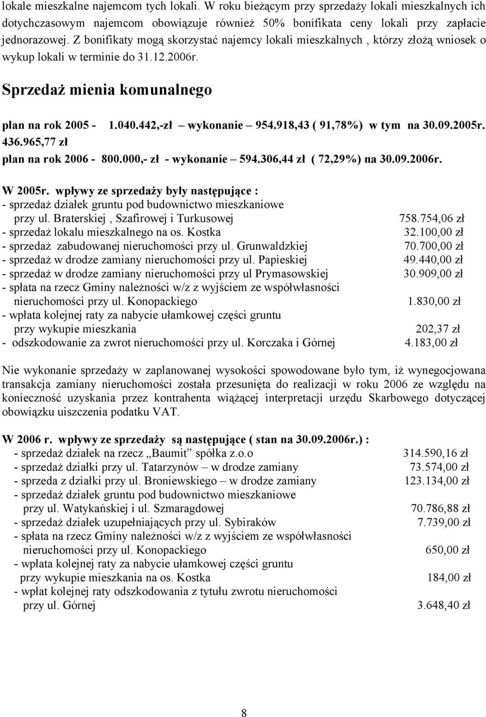 918,43 ( 91,78%) w tym na 30.09.2005r. 436.965,77 zł plan na rok 2006-800.000,- zł - wykonanie 594.306,44 zł ( 72,29%) na 30.09.2006r. W 2005r.