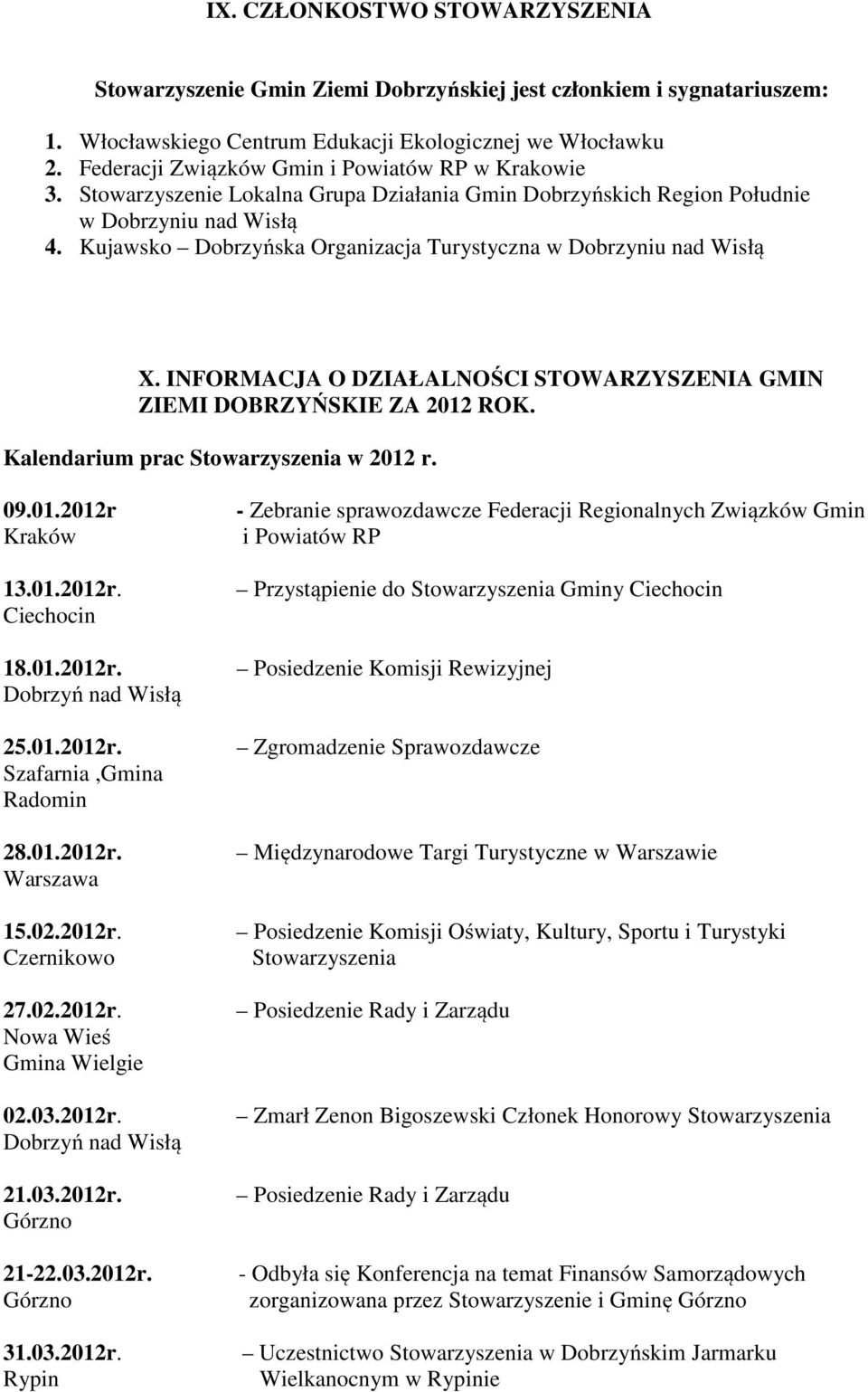 Kujawsko Dobrzyńska Organizacja Turystyczna w Dobrzyniu nad Wisłą X. INFORMACJA O DZIAŁALNOŚCI STOWARZYSZENIA GMIN ZIEMI DOBRZYŃSKIE ZA 2012 ROK. Kalendarium prac Stowarzyszenia w 2012 r. 09.01.2012r Kraków 13.