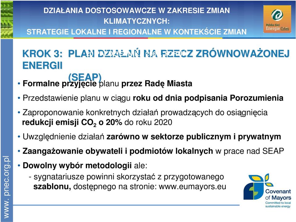 osiągnięcia redukcji emisji CO 2 o 20% do roku 2020 Uwzględnienie działań zarówno w sektorze publicznym i prywatnym ZaangaŜowanie obywateli i podmiotów