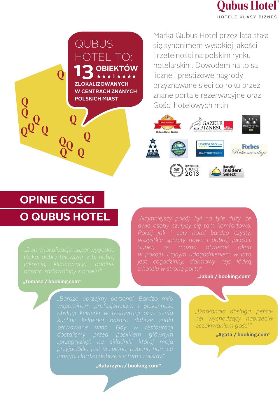 opinie gości o Qubus hotel Dobra lokalizacja, super wygodne łóżka, dobry telewizor z b. dobrą jakością, klimatyzacja, ogólnie bardzo zadowolony z hotelu. Tomasz / booking.