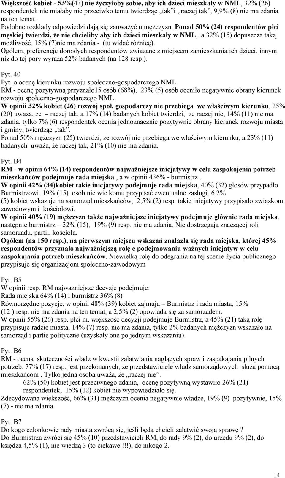 Ponad 50% (24) respondentów płci męskiej twierdzi, że nie chcieliby aby ich dzieci mieszkały w NML, a 32% (15) dopuszcza taką możliwość, 15% (7)nie ma zdania - (tu widać różnicę).