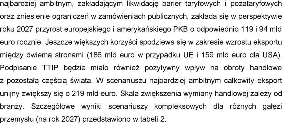 Jeszcze większych korzyści spodziewa się w zakresie wzrostu eksportu między dwiema stronami (186 mld euro w przypadku UE i 159 mld euro dla USA).