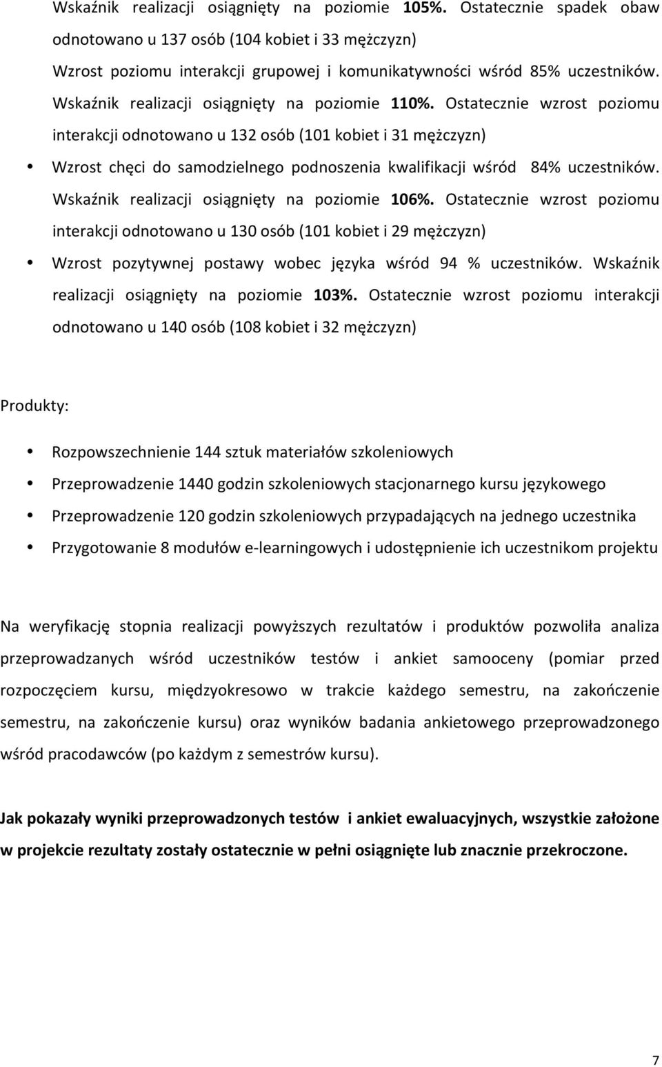 Ostatecznie wzrost poziomu interakcji odnotowano u 132 osób (101 kobiet i 31 mężczyzn) Wzrost chęci do samodzielnego podnoszenia kwalifikacji wśród 84% uczestników.