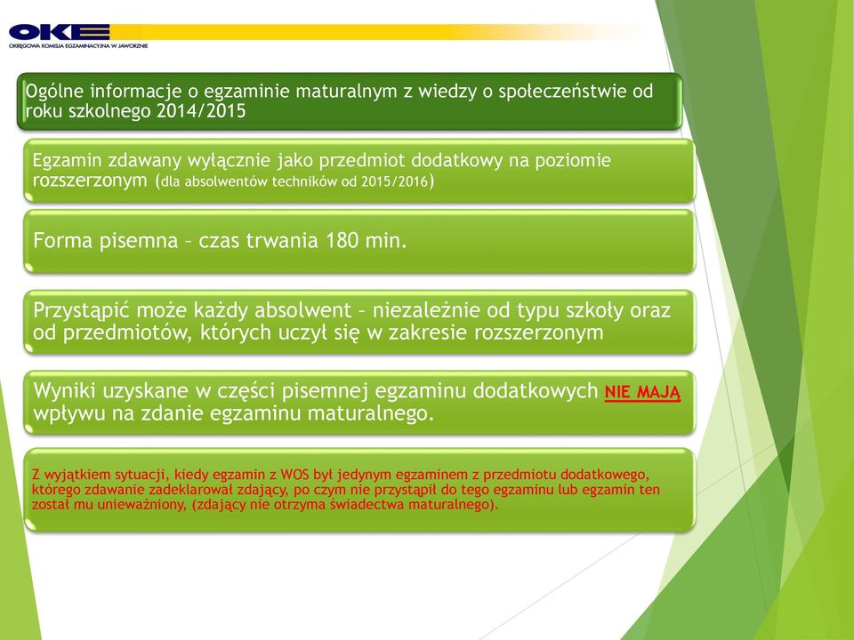 Przystąpić może każdy absolwent niezależnie od typu szkoły oraz od przedmiotów, których uczył się w zakresie rozszerzonym Wyniki uzyskane w części pisemnej egzaminu dodatkowych NIE