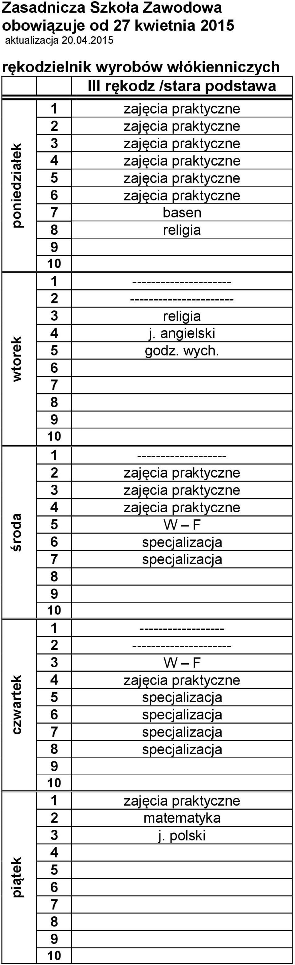 praktyczne zajęcia praktyczne basen religia 1 --------------------- 2 ---------------------- 3 religia 4 j. angielski 5 godz. wych.