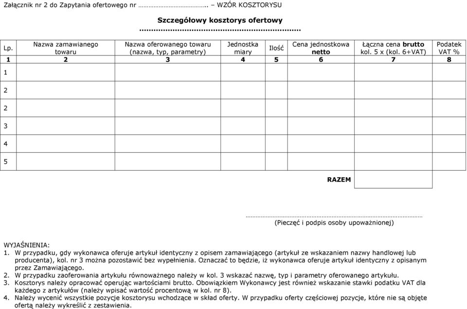 W przypadku, gdy wykonawca oferuje artykuł identyczny z opisem zamawiającego (artykuł ze wskazaniem nazwy handlowej lub producenta), kol. nr 3 moŝna pozostawić bez wypełnienia.