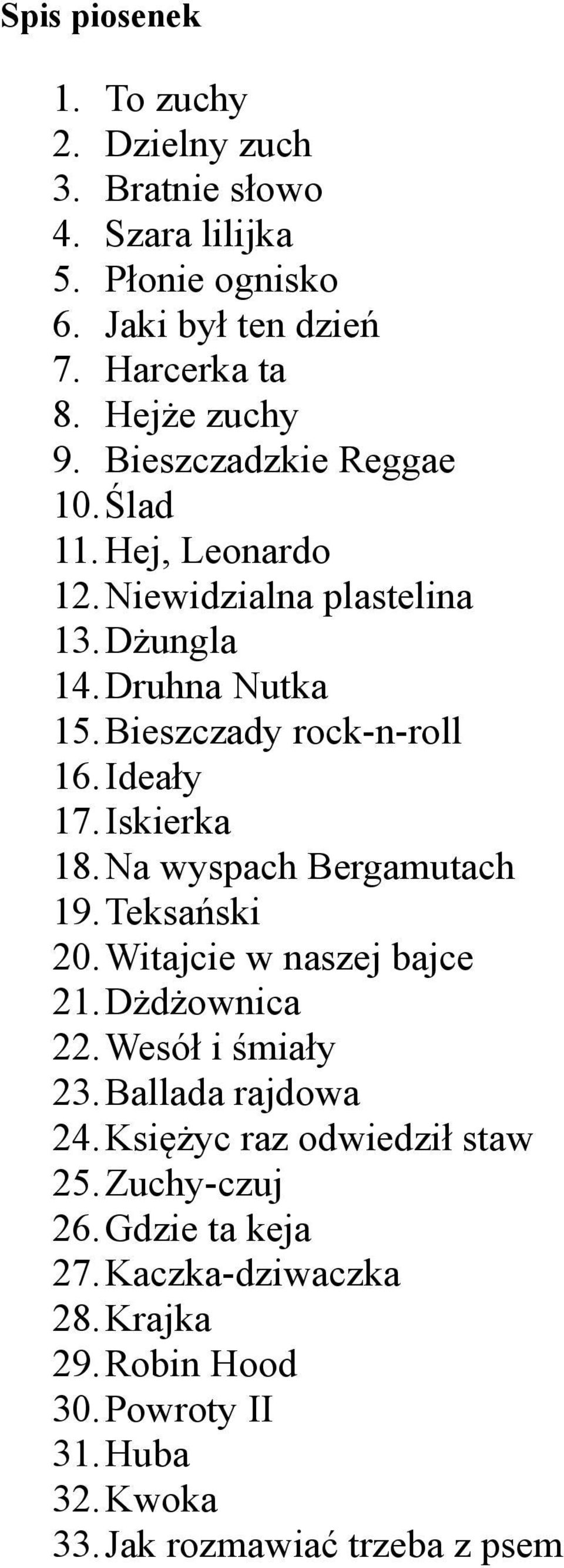 Ideały 17.Iskierka 18.Na wyspach Bergamutach 19.Teksański 20.Witajcie w naszej bajce 21.Dżdżownica 22.Wesół i śmiały 23.Ballada rajdowa 24.