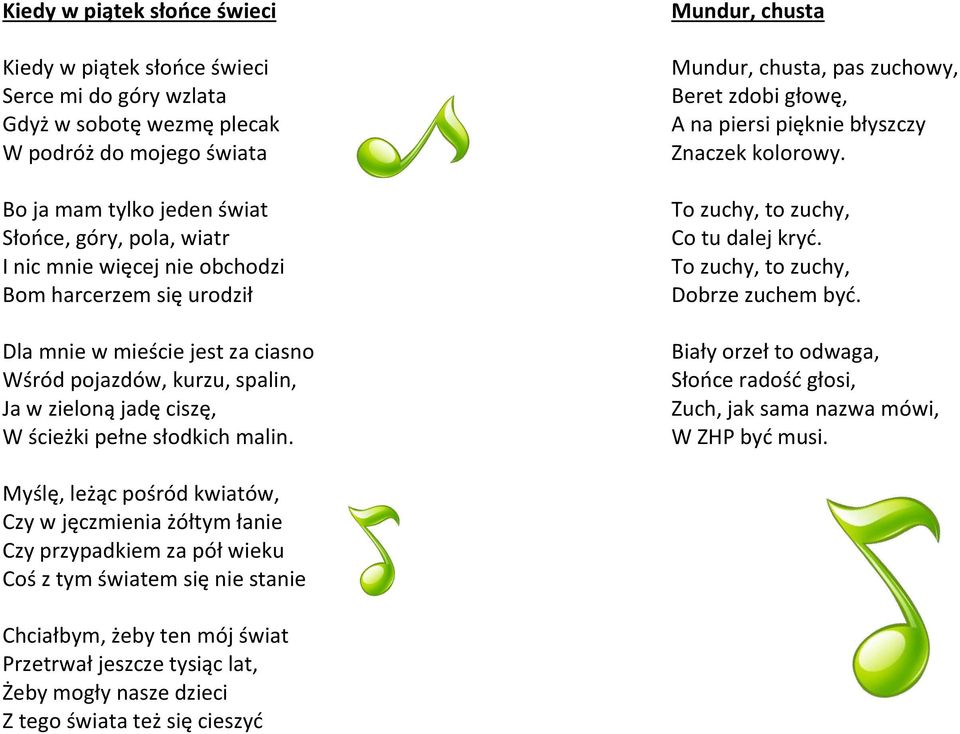 Mundur, chusta Mundur, chusta, pas zuchowy, Beret zdobi głowę, A na piersi pięknie błyszczy Znaczek kolorowy. To zuchy, to zuchy, Co tu dalej kryć. To zuchy, to zuchy, Dobrze zuchem być.