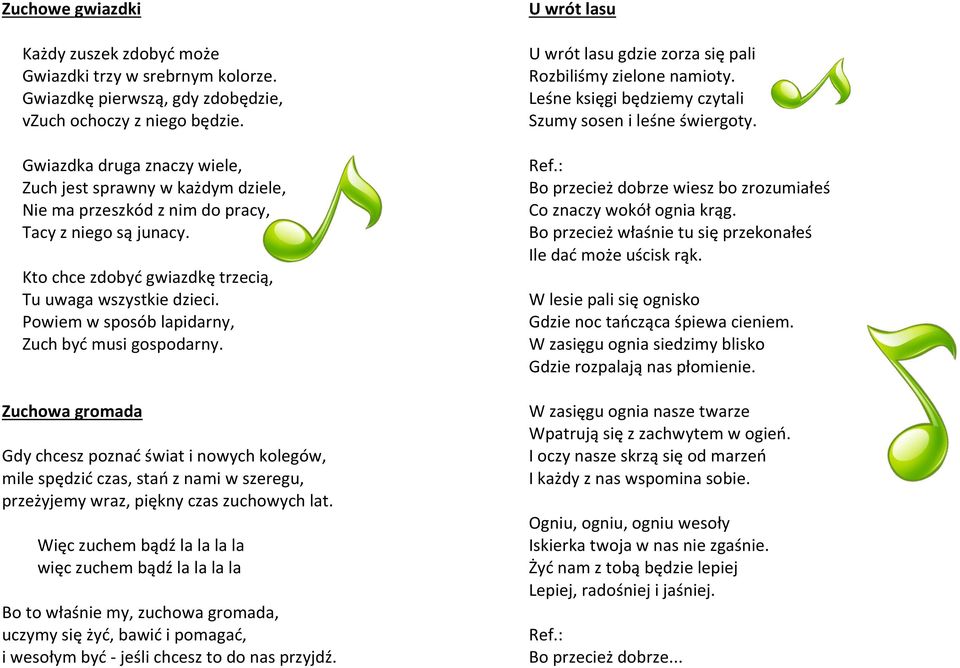 Powiem w sposób lapidarny, Zuch być musi gospodarny. Zuchowa gromada Gdy chcesz poznać świat i nowych kolegów, mile spędzić czas, stań z nami w szeregu, przeżyjemy wraz, piękny czas zuchowych lat.