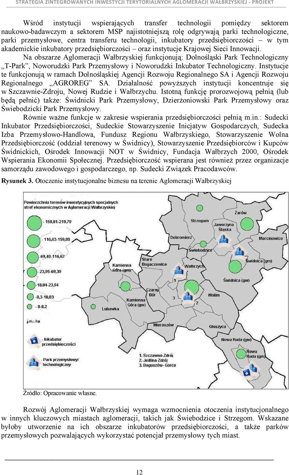 Na obszarze Aglomeracji Wałbrzyskiej funkcjonują: Dolnośląski Park Technologiczny T-Park, Noworudzki Park Przemysłowy i Noworudzki Inkubator Technologiczny.