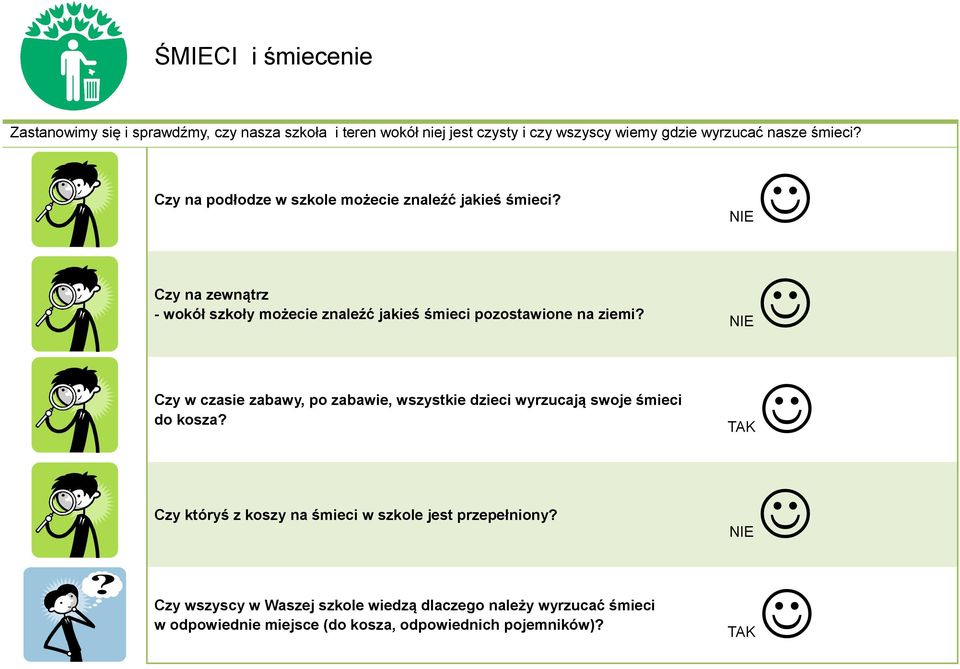 NIE Czy na zewnątrz - wokół szkoły możecie znaleźć jakieś śmieci pozostawione na ziemi?