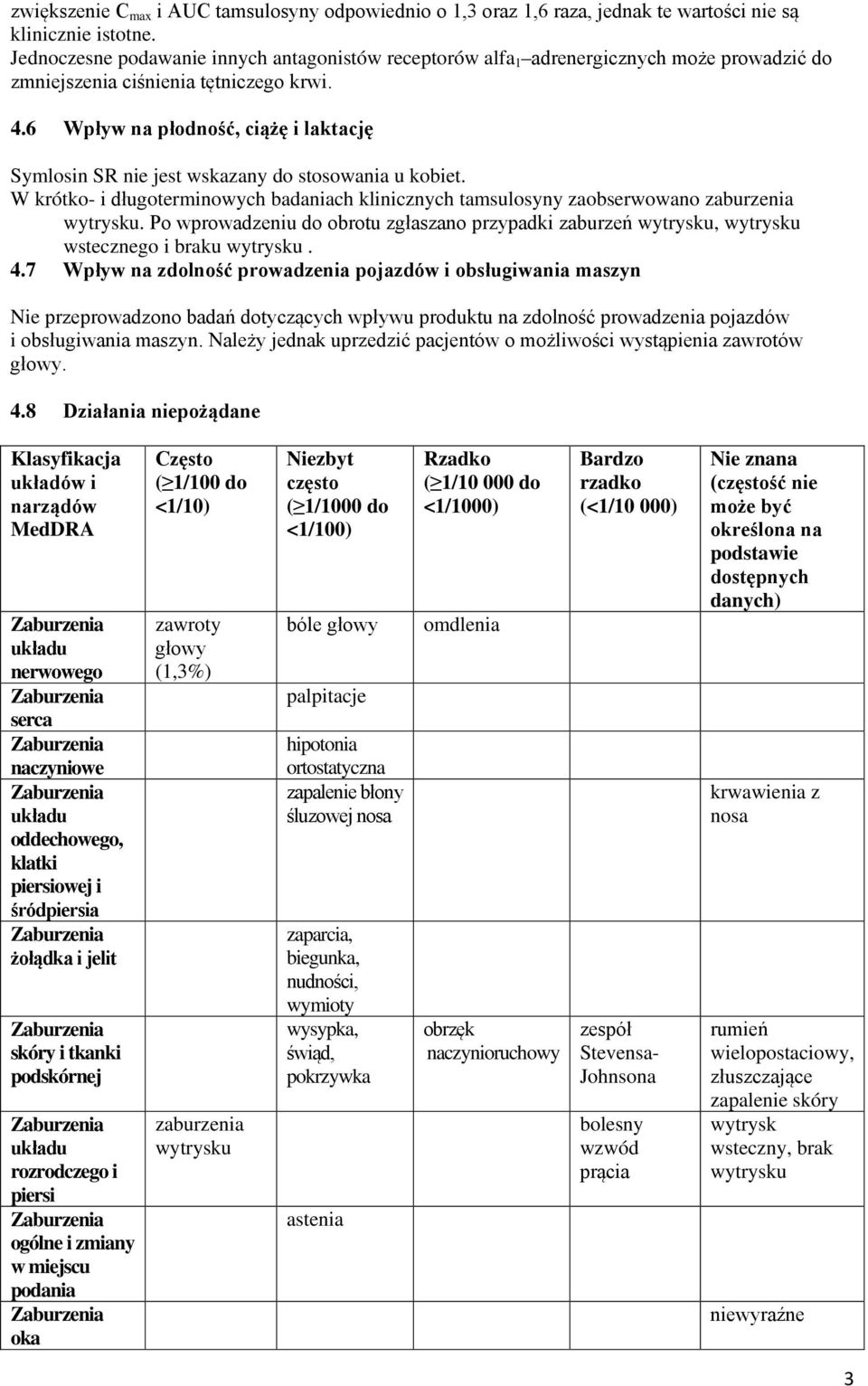 6 Wpływ na płodność, ciążę i laktację Symlosin SR nie jest wskazany do stosowania u kobiet. W krótko- i długoterminowych badaniach klinicznych tamsulosyny zaobserwowano zaburzenia wytrysku.