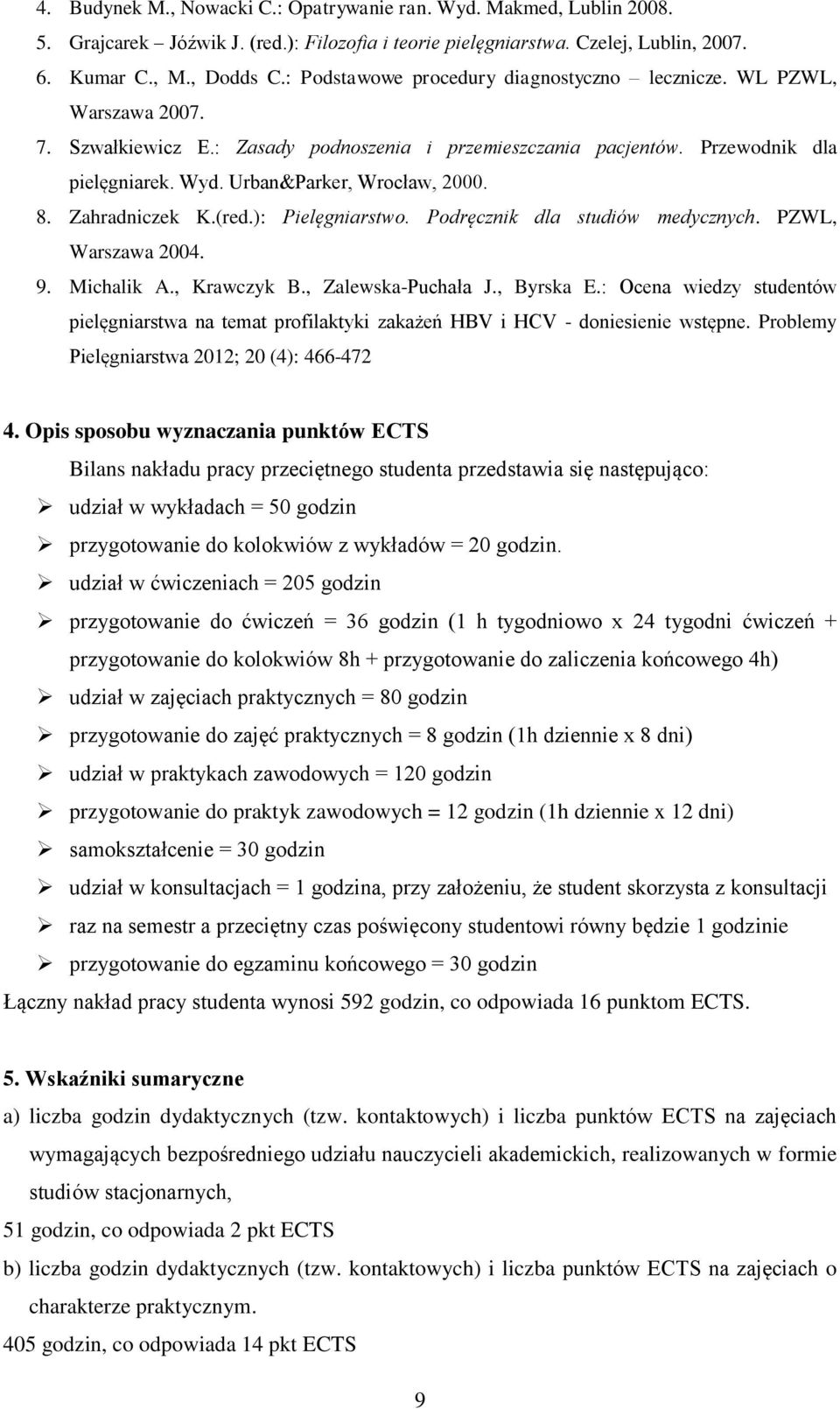 Urban&Parker, Wrocław, 2000. 8. Zahradniczek K.(red.): Pielęgniarstwo. Podręcznik dla studiów medycznych. PZWL, Warszawa 2004. 9. Michalik A., Krawczyk B., Zalewska-Puchała J., Byrska E.