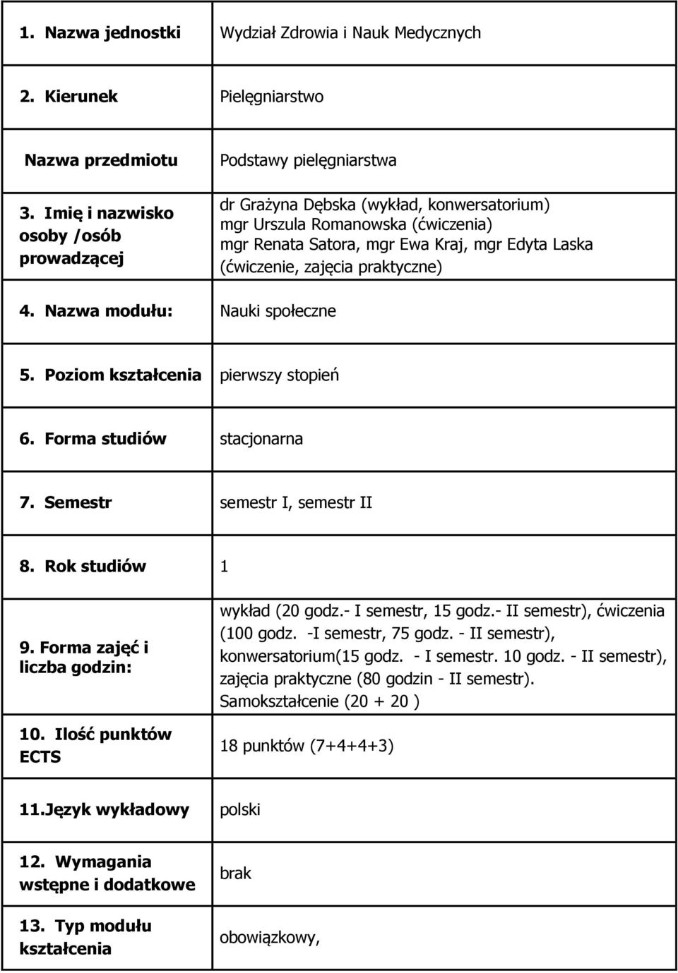 (ćwiczenie, zajęcia praktyczne) 4. Nazwa modułu: Nauki społeczne 5. Poziom kształcenia pierwszy stopień 6. Forma studiów stacjonarna 7. Semestr semestr I, semestr II 8. Rok studiów 1 9.