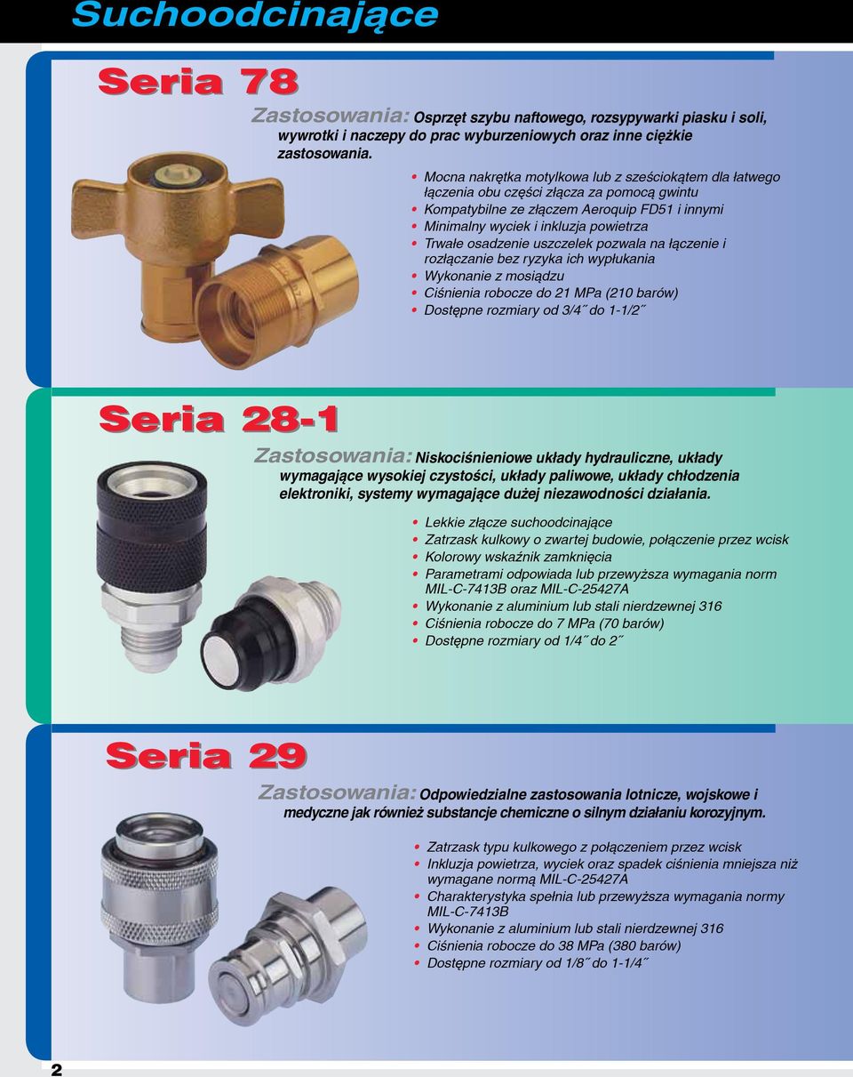 osadzenie uszczelek pozwala na łączenie i rozłączanie bez ryzyka ich wypłukania Wykonanie z mosiądzu Ciśnienia robocze do 21 MPa (210 barów) Dostępne rozmiary od 3/4 do 1-1/2 Seria 28-1