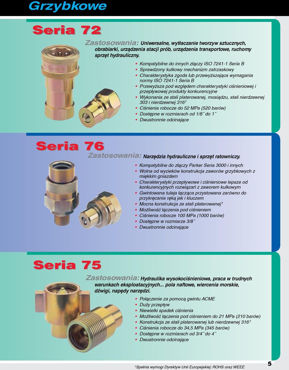 charakterystyki ciśnieniowej i przepływowej produkty konkurencyjne Wykonania ze stali platerowanej, mosiądzu, stali nierdzewnej 303 i nierdzewnej 316 Ciśnienia robocze do 52 MPa (520 barów) Dostępne