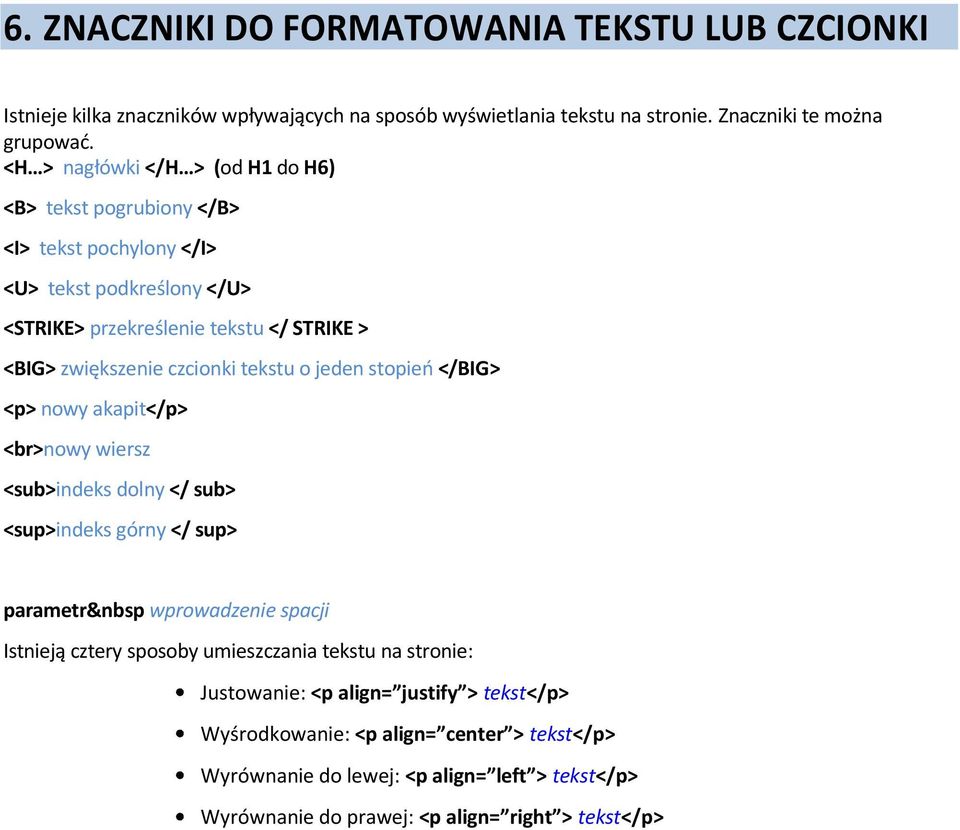 tekstu o jeden stopieo </BIG> <p> nowy akapit</p> <br>nowy wiersz <sub>indeks dolny </ sub> <sup>indeks górny </ sup> parametr&nbsp wprowadzenie spacji Istnieją cztery sposoby