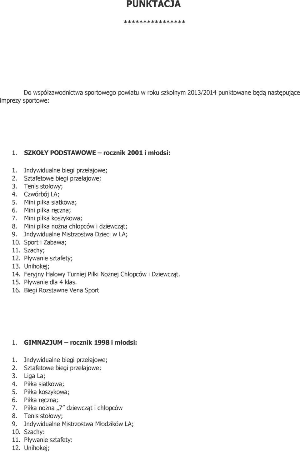 Indywidualne Mistrzostwa Dzieci w LA; 10. Sport i Zabawa; 1 Szachy; 12. Pływanie sztafety; 13. Unihokej; 14. Feryjny Halowy Turniej Piłki Nożnej Chłopców i Dziewcząt. 15. Pływanie dla 4 klas. 16.