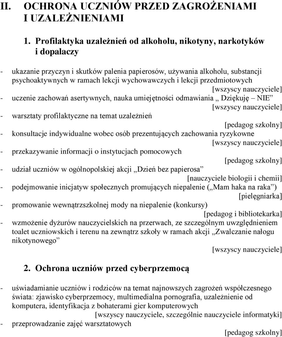 lekcji przedmiotowych - uczenie zachowań asertywnych, nauka umiejętności odmawiania Dziękuję NIE - warsztaty profilaktyczne na temat uzależnień - konsultacje indywidualne wobec osób prezentujących