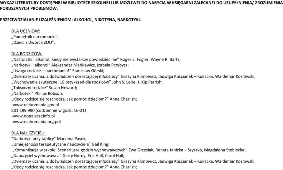 Bartz; Narkotyki i alkohol Aleksander Markiewicz, Izabela Przybysz; Uwaga rodzice narkomania! Stanisław Górski; Dylematy ucznia.