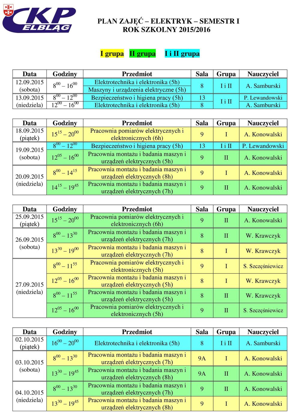 Lewandowski 19.09.2015 20.09.2015 25.09.2015 8 00 14 15 Pracownia montażu i badania maszyn i 14 15 19 45 Pracownia montażu i badania maszyn i 26.09.2015 27.09.2015 03.